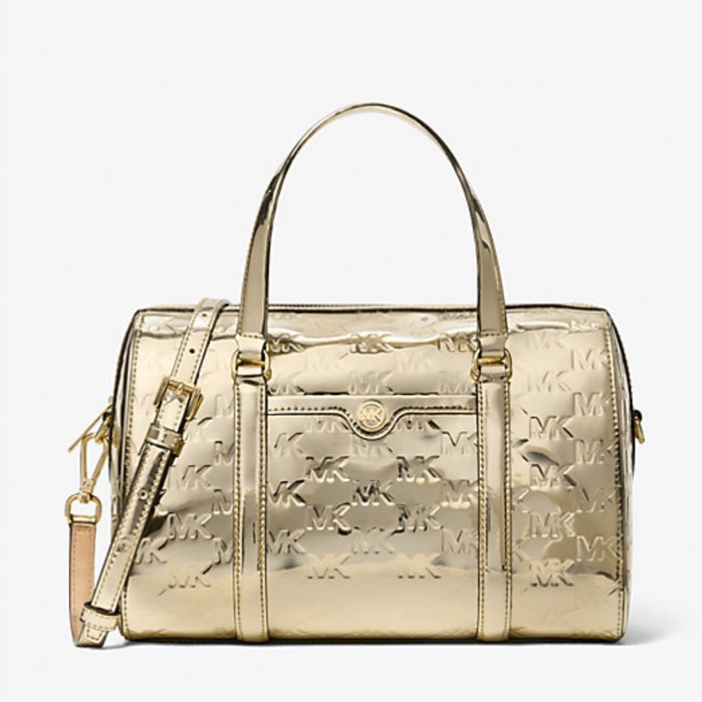 MICHAEL KORS Jet Set Md Metallic Logo Debossed Satchel Duffle 
Pale Gold 
NWT - Picture 2 of 16
